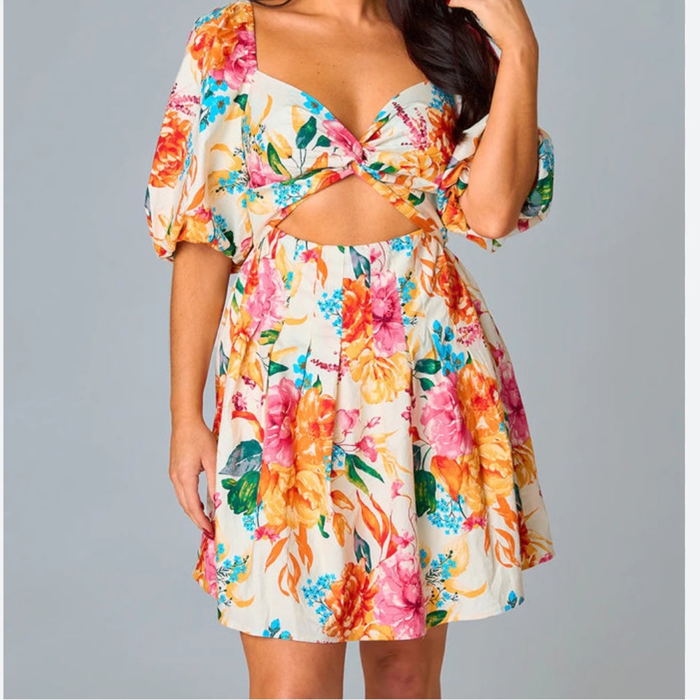 Orange and Pink Puff Sleeve Sweetheart Sundress